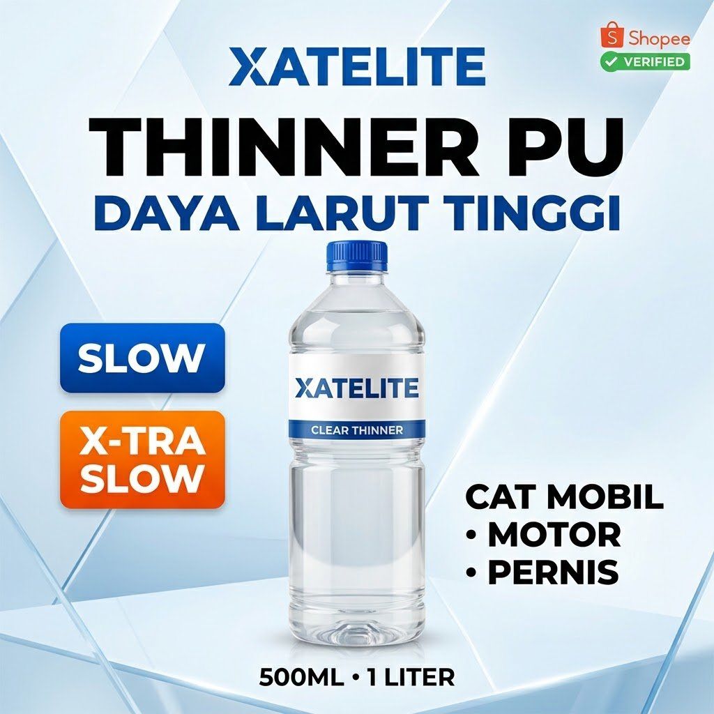 Botol Thinner PU Xatelite daya larut tinggi ukuran 500 ml dan 1 liter, varian Slow dan Xtra Slow